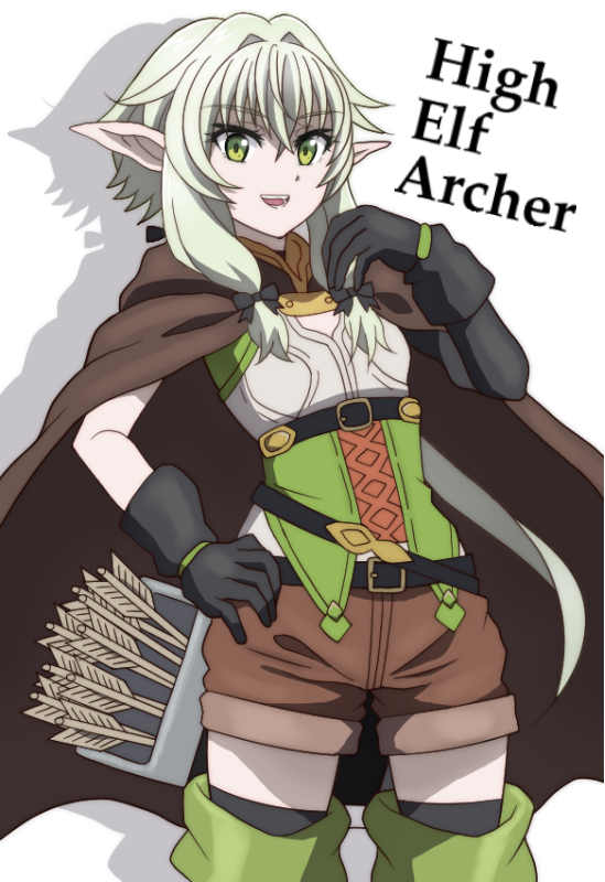 arrow asymmetrical_sleeves boots bow character_name cloak elf gloves goblin_slayer! green_eyes green_hair hair_bow hand_on_hip high_elf_archer_(goblin_slayer!) hood hooded_cloak onomekaman open_mouth pointy_ears shorts sidelocks simple_background smile thigh-highs thigh_boots white_background