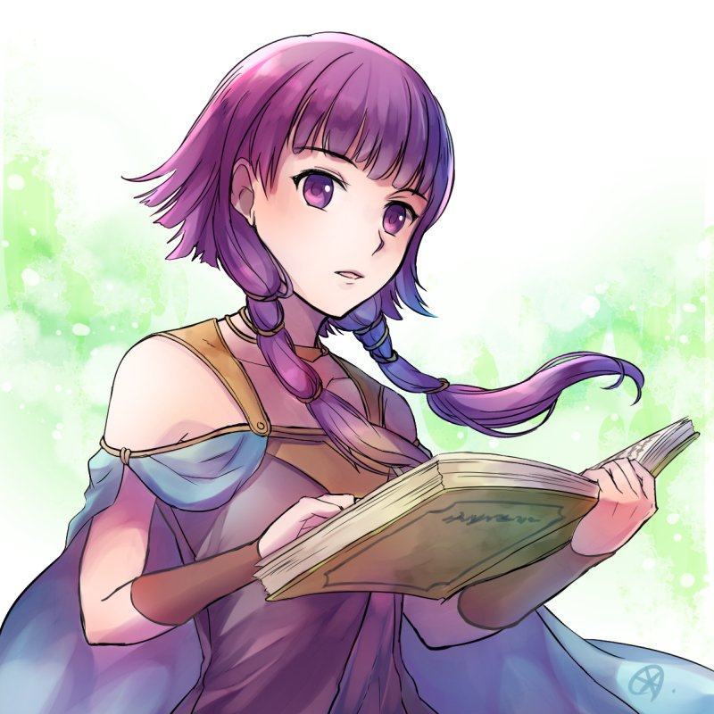 1girl book cape fire_emblem fire_emblem:_seima_no_kouseki holding holding_book jewelry long_hair low_twintails lute_(fire_emblem) necklace nintendo open_book parted_lips purple_hair sleeveless solo twintails upper_body violet_eyes yukimiyuki