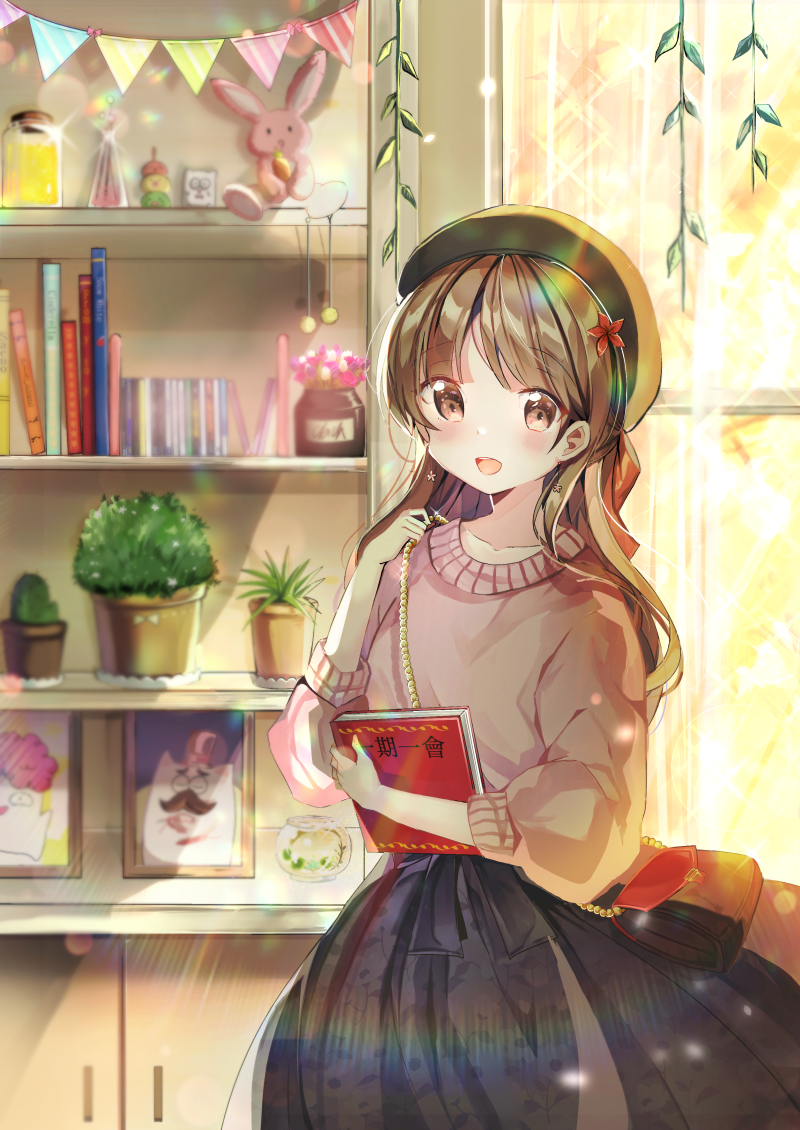 1girl :d bag bangs beret black_hat black_skirt blurry blurry_background blush book brown_eyes brown_hair collarbone commentary_request curtains day depth_of_field drawing eyebrows_visible_through_hair handbag hat indoors jar long_hair long_sleeves looking_at_viewer miyo_(user_zdsp7735) object_hug open_mouth original pennant picture_frame pink_sweater plant potted_plant puffy_long_sleeves puffy_sleeves shelf shoulder_bag skirt smile solo string_of_flags sunlight sweater