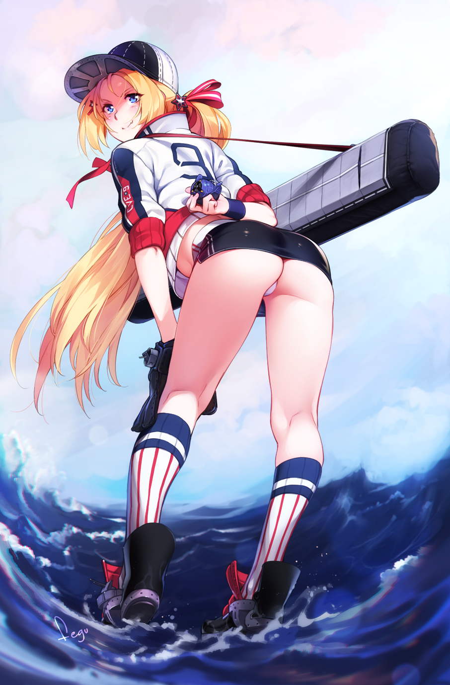 1girl ass azur_lane back baseball_cap baseball_glove baseball_uniform blue_eyes blush bogue_(azur_lane) feguimel hat highres kneehighs long_hair ocean outdoors panties ponytail remodel_(azur_lane) skirt smile solo sportswear underwear very_long_hair white_panties