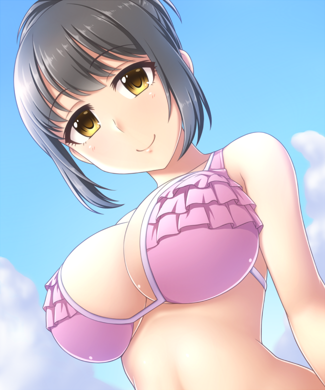 1girl bangs black_hair breasts clouds day eyebrows_visible_through_hair frilled_bikini_top idolmaster idolmaster_cinderella_girls large_breasts looking_at_viewer pataniito pink_bikini_top short_hair sky smile solo takafuji_kako upper_body yellow_eyes