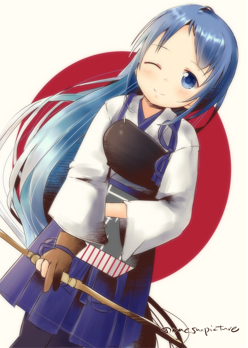 1girl alternate_costume artist_name bangs blue_eyes blue_hair blue_hakama bow_(weapon) cosplay dutch_angle gloves hakama holding holding_bow_(weapon) holding_weapon japanese_clothes kaga_(kantai_collection) kaga_(kantai_collection)_(cosplay) kantai_collection long_hair looking_at_viewer mae_(maesanpicture) muneate one_eye_closed partly_fingerless_gloves samidare_(kantai_collection) shirt simple_background smile solo swept_bangs very_long_hair weapon white_shirt