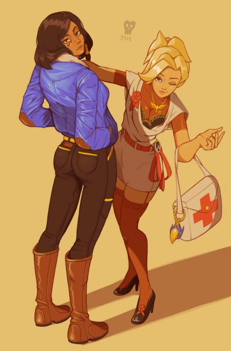 2girls ass bag belt black_pants blonde_hair blue_eyes blue_jacket boots breasts brown_legwear casual cleavage dark_skin denim dress eye_of_horus eyeshadow facial_tattoo flat_ass full_body fur_collar garter_straps hair_tubes handbag hands_in_pockets highres jacket jeans jewelry joakim_sandberg knee_boots lips looking_back makeup medium_breasts medium_hair mercy_(overwatch) multiple_girls necklace nose one_eye_closed overwatch overwatch_(logo) pants pharah_(overwatch) ponytail pumps red_cross see-through simple_background tattoo thigh-highs white_dress zettai_ryouiki