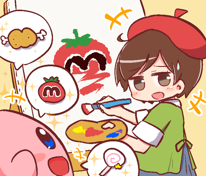 +++ 1girl :d adeleine bangs beret blue_eyes blue_skirt blush boned_meat brown_eyes brown_hair candy canvas_(object) creature easel eye_contact eyebrows_visible_through_hair food green_shirt hat holding holding_paintbrush invincible_candy kirby kirby_(series) lollipop looking_at_another looking_to_the_side maxim_tomato meat naga_u nintendo open_mouth paintbrush painting red_hat shirt short_sleeves skirt smile sweatdrop swirl_lollipop