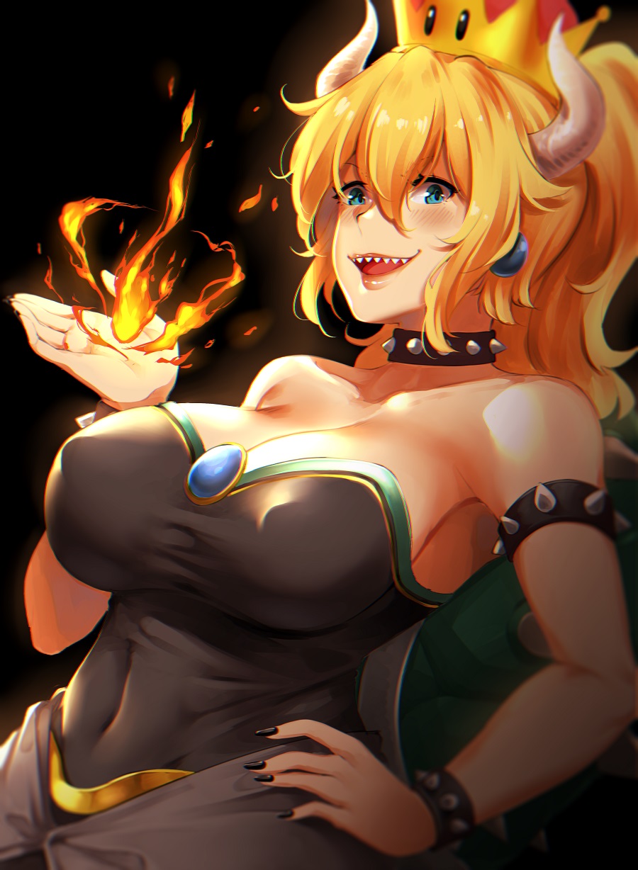 1girl bare_shoulders black_collar black_dress black_nails blonde_hair blue_earrings blue_eyes blush bowsette bracelet breasts collar collarbone covered_nipples crown dress fire gem hair_between_eyes hand_on_hip highres horns jewelry large_breasts lips long_hair looking_at_viewer lulu-chan92 super_mario_bros. nail_polish new_super_mario_bros._u_deluxe nintendo open_mouth ponytail sharp_teeth smile spiked_armlet spiked_bracelet spiked_collar spiked_shell spikes strapless strapless_dress super_crown taut_clothes taut_dress teeth turtle_shell