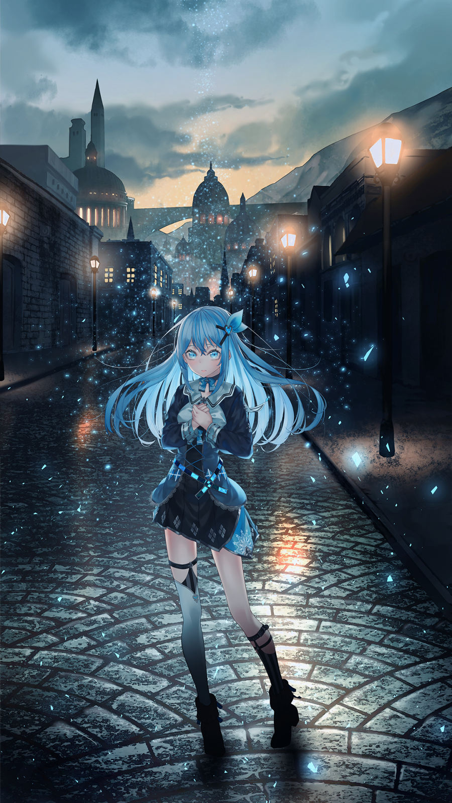 1girl bangs black_footwear blue_dress blue_eyes blue_hair blue_ribbon blush boots breasts building cityscape clouds dress dusk floating_hair full_body hair_ornament hands_together highres lamppost light light_particles long_hair looking_at_viewer neck_ribbon open_mouth original outdoors ribbon saraki sidelocks single_thighhigh sky solo standing thigh-highs thigh_strap white_legwear