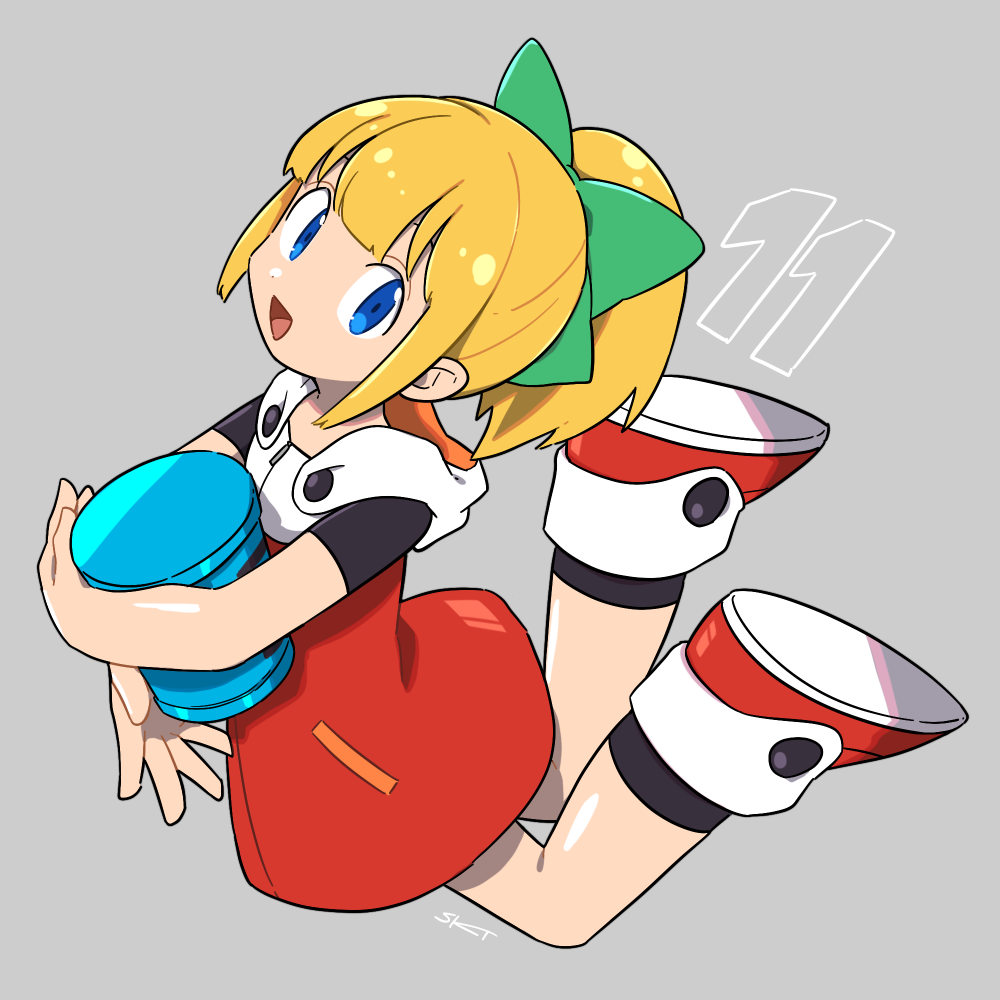 1girl :d android bangs blonde_hair blue_eyes blunt_bangs bow dress energy_tank full_body green_bow grey_background hair_bow hair_ornament holding hooded_dress long_hair open_mouth ponytail red_dress red_footwear rockman rockman_11 roll sekito shoes sidelocks simple_background smile solo