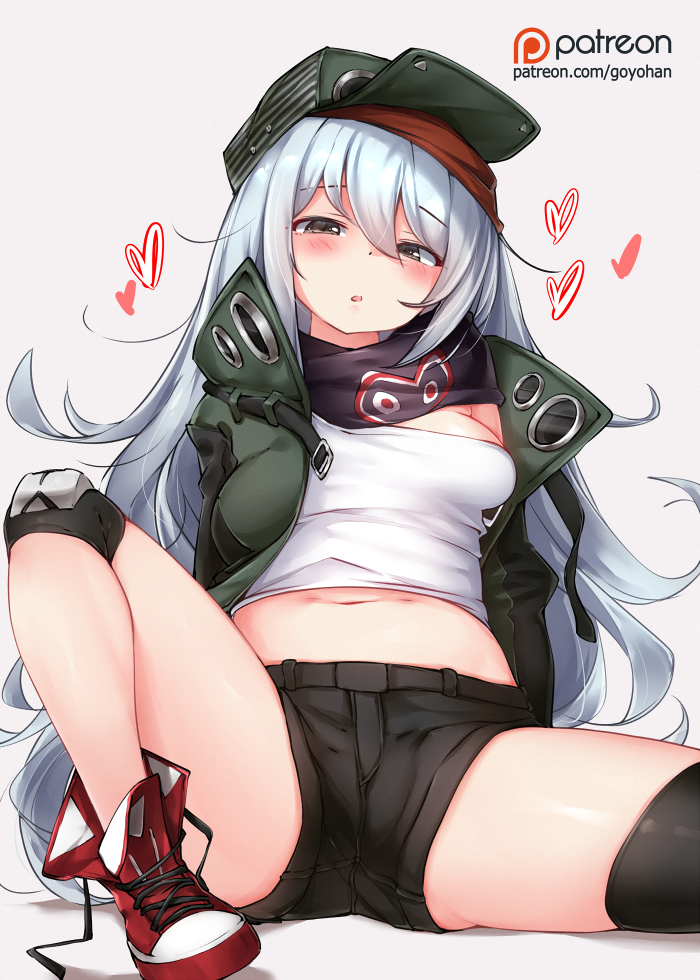 1girl :o asymmetrical_legwear black_legwear black_shorts blush boots breasts brown_background brown_eyes commentary donedone flat_cap g11_(girls_frontline) girls_frontline green_hat green_jacket half-closed_eyes hat head_tilt heart jacket long_hair medium_breasts midriff navel open_clothes open_jacket parted_lips red_footwear short_shorts shorts silver_hair simple_background single_thighhigh solo thigh-highs very_long_hair watermark web_address