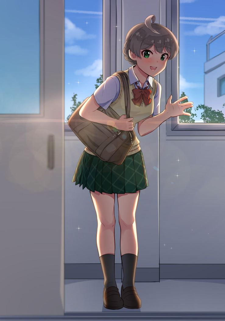 1girl ahoge bag black_legwear blush bow breasts brown_hair cardigan collared_shirt day duffel_bag eyebrows_visible_through_hair full_body green_eyes green_skirt idolmaster idolmaster_million_live! idolmaster_million_live!_theater_days indoors kamille_(vcx68) leaning_forward looking_at_viewer medium_breasts open_mouth red_bow sakuramori_kaori shirt short_hair skirt sliding_doors smile socks solo standing white_shirt window