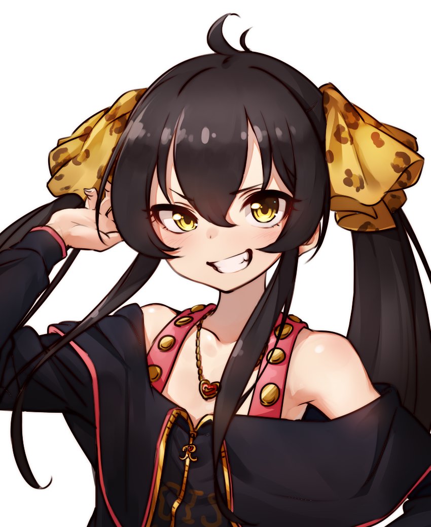 1girl animal_print bare_shoulders black_hair blush collarbone eyebrows_visible_through_hair grin hair_between_eyes hair_ribbon hand_up heart heart_necklace idolmaster idolmaster_cinderella_girls jacket jewelry kakaobataa leopard_print long_hair long_sleeves looking_at_viewer matoba_risa necklace off_shoulder open_mouth partially_unzipped print_ribbon ribbon simple_background smile solo teeth twintails upper_body white_background yellow_eyes