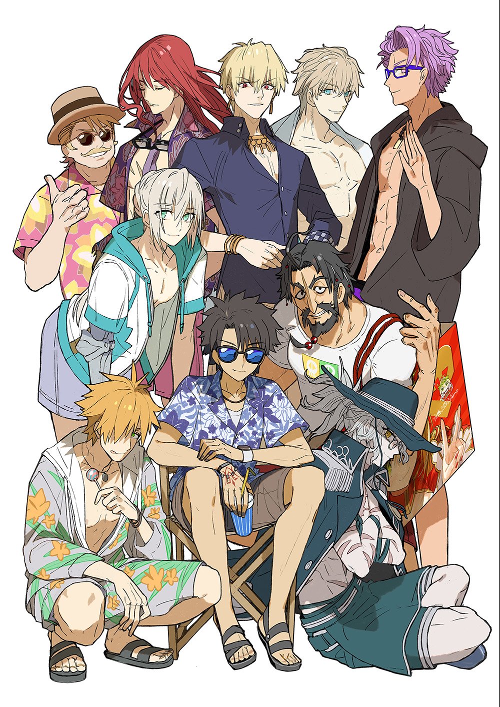 6+boys abs beard bedivere black_hair blonde_hair bracelet brown_hair candy crossed_arms edmond_dantes_(fate/grand_order) edward_teach_(fate/grand_order) eyebrows_visible_through_hair eyewear_around_neck facial_hair fate/grand_order fate_(series) food fujimaru_ritsuka_(male) gawain_(fate/extra) gilgamesh gilgamesh_(caster)_(fate) glasses goldorf_musik hat hawaiian_shirt highres hood hoodie jacket_on_shoulders jewelry lancelot_(fate/grand_order) lollipop looking_at_viewer male_swimwear multiple_boys muscle mustache nero_claudius_(fate)_(all) open_clothes open_hoodie open_shirt pale_skin purple_hair redhead revision robin_hood_(fate) sandals shirt shorts sitting smile spiky_hair squatting swim_trunks swimwear thumbs_up tristan_(fate/grand_order) wada_aruko watch watch wristband