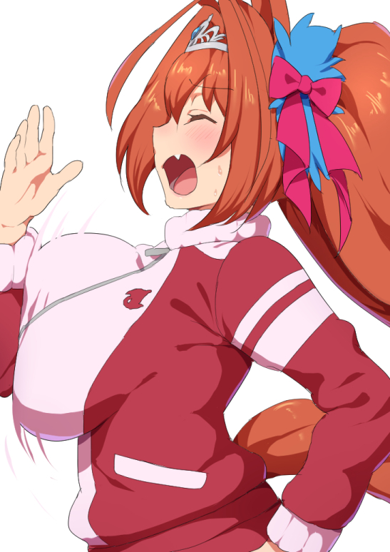 1girl animal_ears bangs blush bouncing_breasts bow breasts brown_hair daiwa_scarlet eyebrows_visible_through_hair fang from_side hair_bow horse_ears horse_girl horse_tail large_breasts long_hair mdf_an open_mouth running solo tail track_suit twintails umamusume very_long_hair zipper_pull_tab