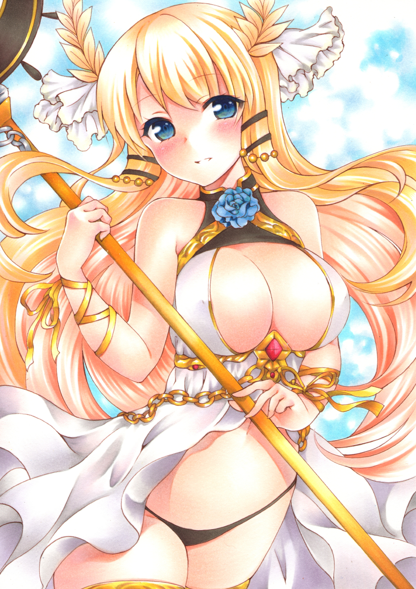 1girl arm_ribbon azur_lane bangs bare_shoulders blonde_hair blue_eyes blue_flower blue_rose blush bow breasts chains cleavage covered_nipples cowboy_shot dress eyebrows_visible_through_hair eyes_visible_through_hair flower hair_ornament hair_ribbon hand_up highres large_breasts laurel_crown long_hair looking_at_viewer marker_(medium) midriff multicolored_hair navel open_mouth panties pink_hair ribbon rose ruby_(stone) solo staff thigh-highs traditional_media underwear veil victorious_(azur_lane) yoruoujito-tsukinohime