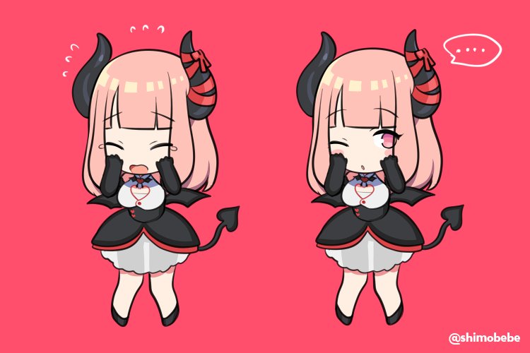 breasts chibi crying demon_girl demon_horns demon_tail demon_wings eve.ch eve_valerne horn_ribbon horns pink_background pink_eyes pink_hair ribbon shimobebe simple_background succubus tail wings