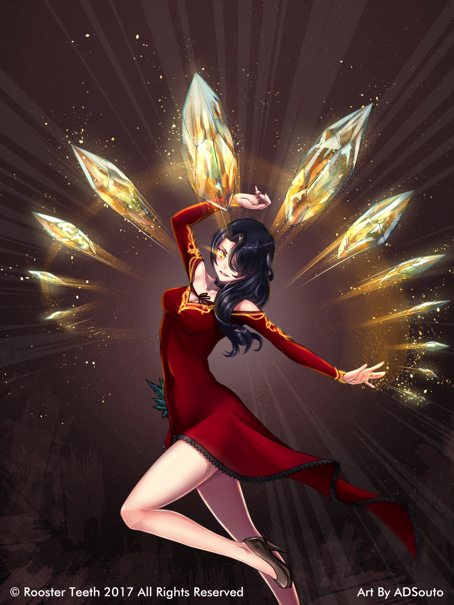 1girl adsouto arm_up artist_name bare_shoulders black_hair breasts choker cinder_fall crystal dress glowing glowing_eye hair_over_one_eye high_heels highres long_hair looking_at_viewer medium_breasts motion_lines nail_polish official_art red_dress rwby solo standing standing_on_one_leg watermark yellow_eyes