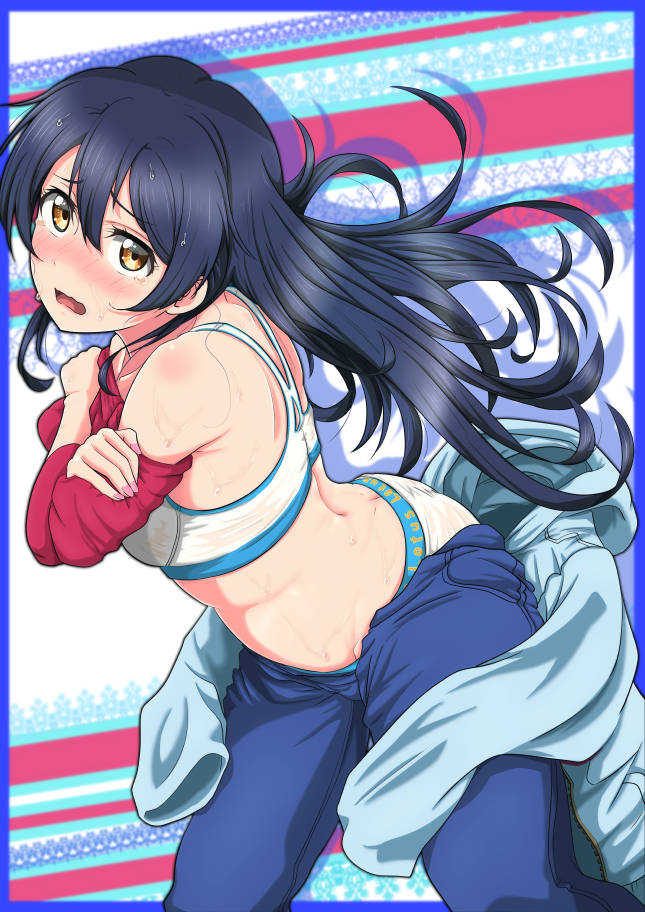 1girl ass bangs blue_hair blue_pants blush butt_crack covering cowboy_shot embarrassed eyebrows_visible_through_hair from_side hair_between_eyes long_hair looking_at_viewer love_live! love_live!_school_idol_project open_mouth panties pants red_shirt shirt simple_background solo sonoda_umi sports_bra sweat sweatdrop underwear undressing