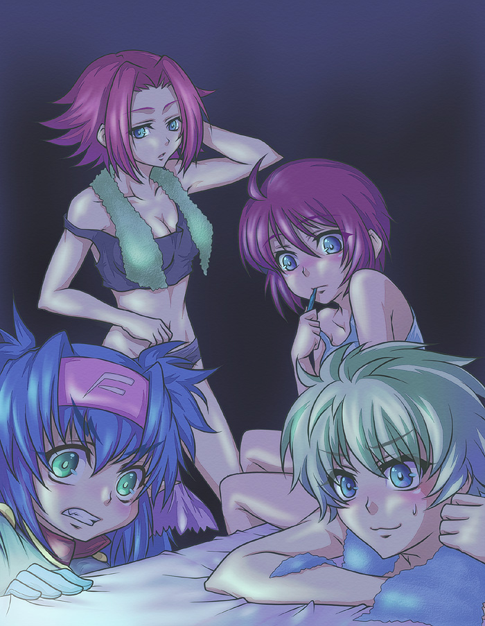 4girls ahoge bare_shoulders bed blue_eyes blue_hair blush breasts cleavage clenched_teeth code_geass crossover ester_elhas flipped_hair gachimatsu green_eyes green_hair gundam gundam_seed gundam_seed_destiny headband kallen_stadtfeld klan_klein long_hair lunamaria_hawke macross macross_frontier meltrandi midriff multiple_crossover multiple_girls pajamas pink_hair redhead short_hair super_robot_wars super_robot_wars_z2 sweatdrop teeth towel twintails underwear