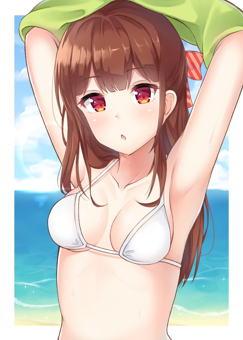 1girl armpits arms_up bangs bare_shoulders bikini blue_sky blush bow breasts brown_hair clouds cloudy_sky collarbone commentary_request day diagonal_stripes eyebrows_visible_through_hair hair_bow highres horizon long_hair ocean original parted_lips red_eyes seventeen_(st17215) sky small_breasts solo striped striped_bow swimsuit undressing upper_body water wet white_bikini