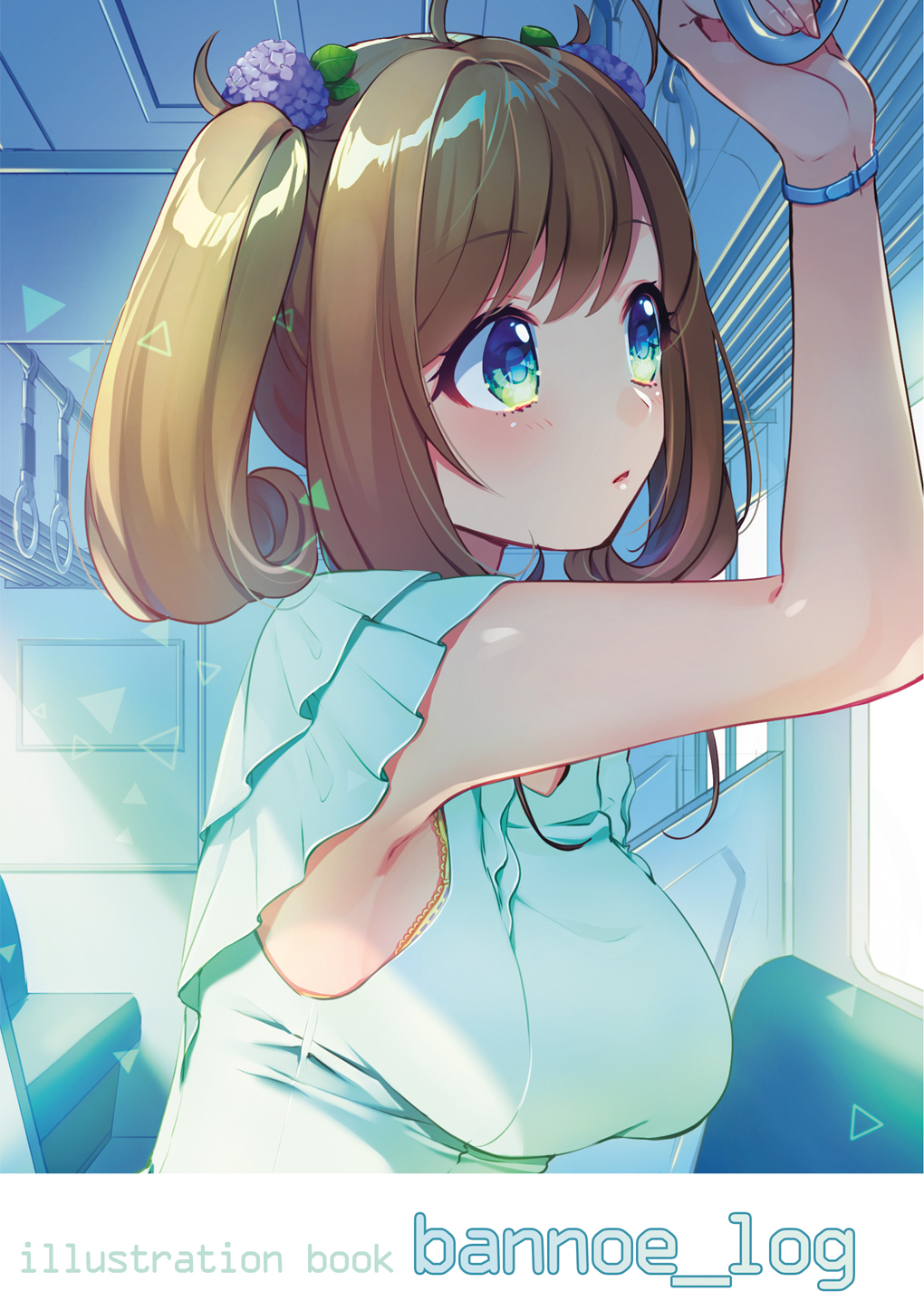 1girl ahoge arm_up bbbannooo blush bracelet breasts brown_hair eyebrows_visible_through_hair green_eyes highres idolmaster idolmaster_cinderella_girls jewelry large_breasts looking_away parted_lips satou_shin short_hair short_twintails sleeveless solo train_interior twintails upper_body