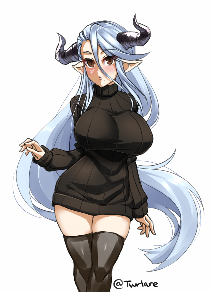 1girl artist_name black_legwear black_sweater blush breasts brown_eyes draph eyebrows_visible_through_hair eyes_visible_through_hair granblue_fantasy hair_between_eyes horns impossible_clothes impossible_sweater izmir large_breasts long_hair long_sleeves looking_at_viewer mole mole_under_mouth pointy_ears ribbed_sweater silver_hair simple_background solo sweater thigh-highs turtleneck turtleneck_sweater twitter_username twrlare very_long_hair white_background