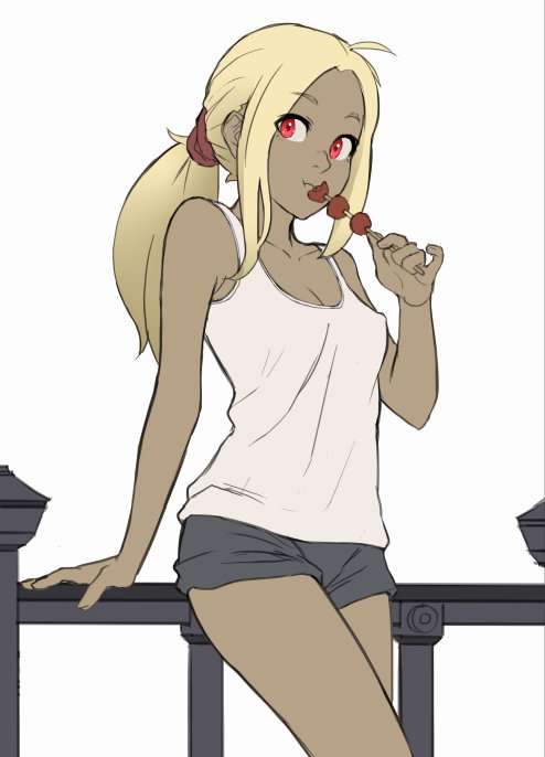 1girl against_railing ahoge alternate_hairstyle arm_support ass bangs black_shorts blonde_hair breasts casual closed_mouth collarbone ears eyebrows_visible_through_hair eyes_visible_through_hair food gravity_daze gravity_daze_2 kitten_(gravity_daze) legs looking_at_viewer low_ponytail mathias_leth meat medium_hair ponytail red_eyes red_scrunchie scrunchie shirt short_shorts shorts skewer small_breasts solo tank_top thighs white_background white_shirt