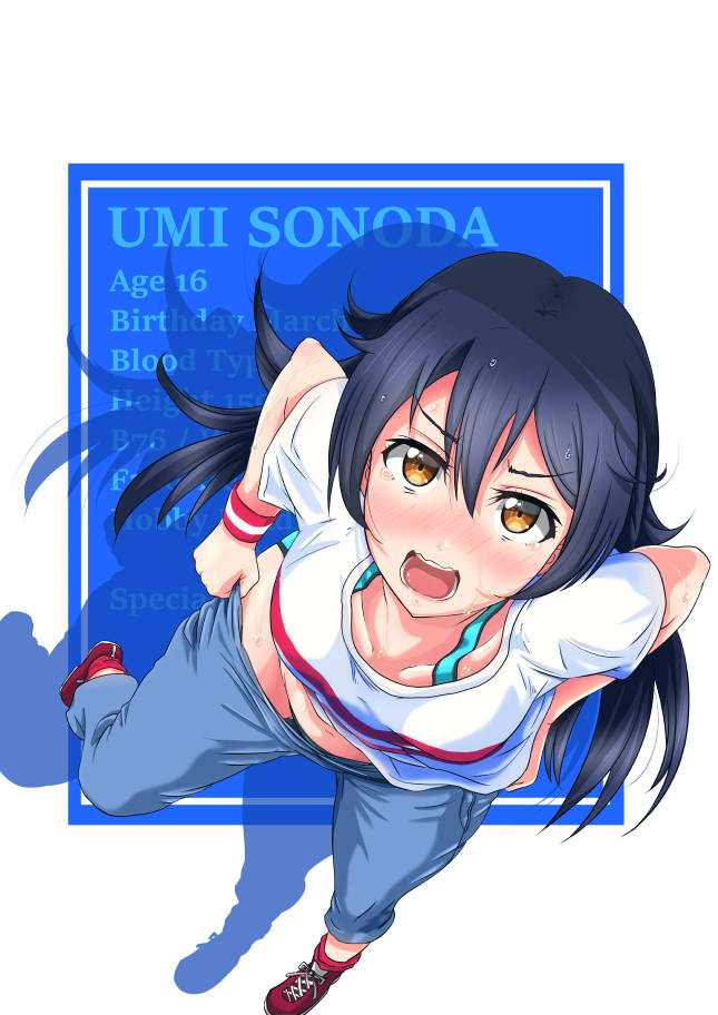 1girl bangs blue_hair blue_pants blush character_name character_profile dressing embarrassed eyebrows_visible_through_hair from_above full_body hair_between_eyes long_hair looking_at_viewer love_live! love_live!_school_idol_project navel open_mouth pants shirt simple_background solo sonoda_umi sweat sweatdrop underwear white_shirt