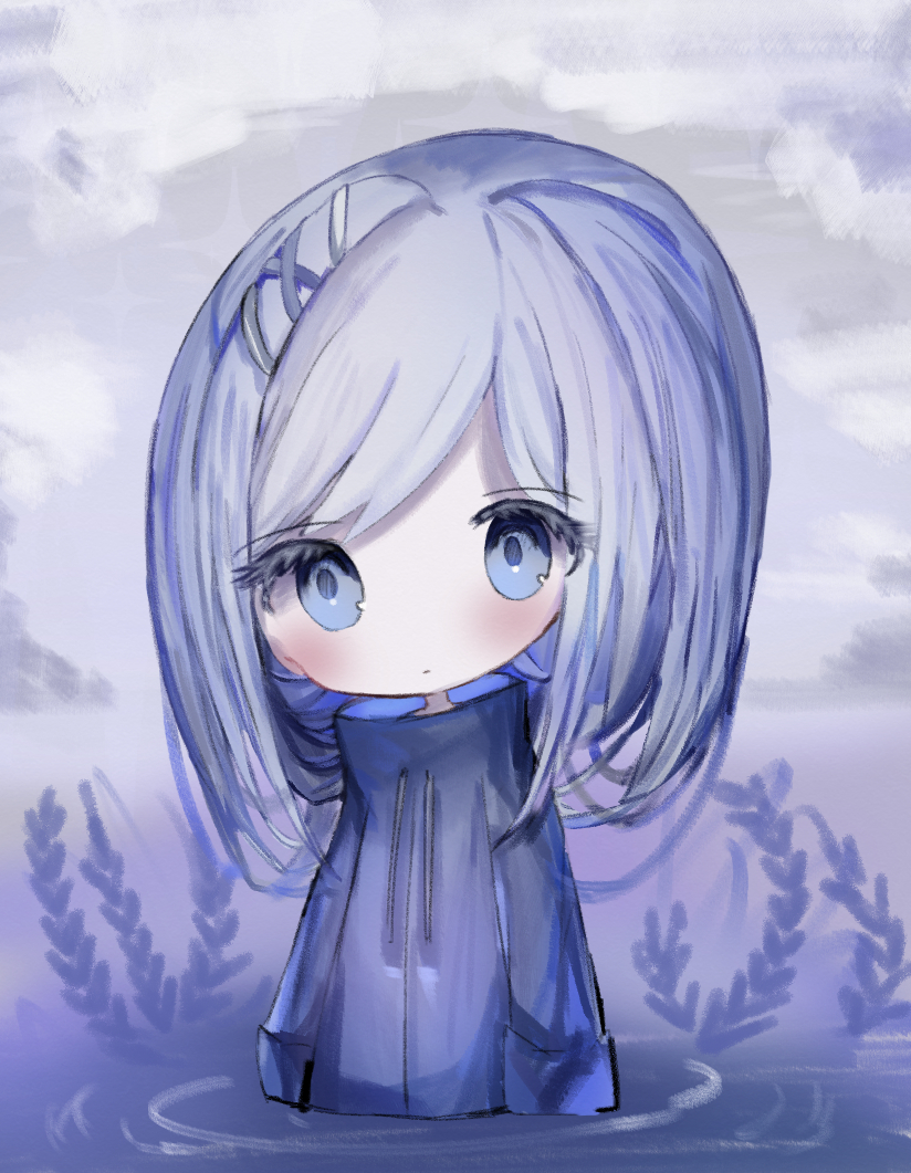 1girl blue_eyes blue_jacket blue_sky blush chibi closed_mouth clouds cloudy_sky commentary_request cottontailtokki drawstring hair_ornament hairclip head_tilt jacket long_hair long_sleeves looking_at_viewer original outdoors partially_submerged purple_hair ripples sky solo water x_hair_ornament