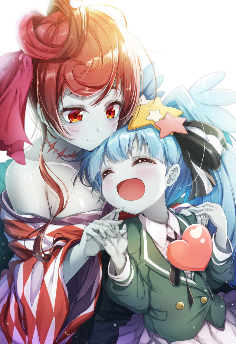 2girls :d ^_^ argyle argyle_kimono bangs black_bow blazer blue_hair blush bow breasts brown_hair closed_eyes closed_eyes closed_mouth collared_shirt commentary_request eyebrows_visible_through_hair fingernails green_jacket hair_bow hair_ornament hands_up head_tilt heart hoshikawa_lily interlocked_fingers jacket japanese_clothes kimono long_hair long_sleeves matokechi medium_breasts multiple_girls off_shoulder open_mouth pale_skin pleated_skirt red_eyes school_uniform shirt simple_background skirt smile star star_hair_ornament striped striped_bow very_long_hair white_background white_shirt white_skirt wide_sleeves yuugiri_(zombie_land_saga) zombie zombieland_saga