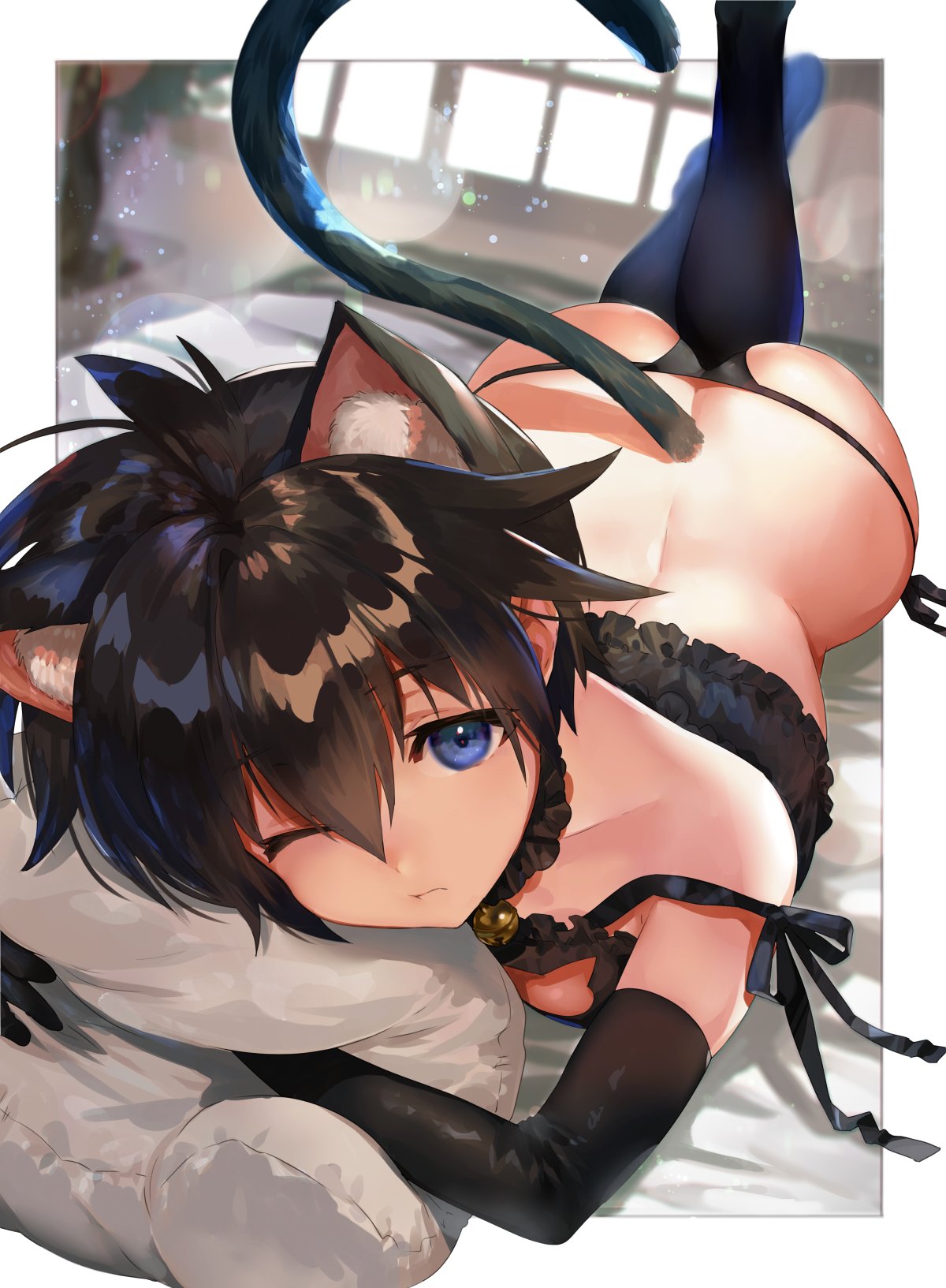 1girl ahoge animal_ears ass back bangs bare_shoulders bed bell bell_collar black_bra black_gloves black_hair black_legwear black_panties blue_eyes bra breasts cat_ears cat_tail closed_mouth collar commentary_request elbow_gloves eyebrows_visible_through_hair gloves hair_between_eyes highres indoors looking_at_viewer lying mimoza_(96mimo414) on_bed on_stomach one_eye_closed original panties pillow pillow_hug short_hair side-tie_panties solo strap_slip tail thigh-highs underwear underwear_only