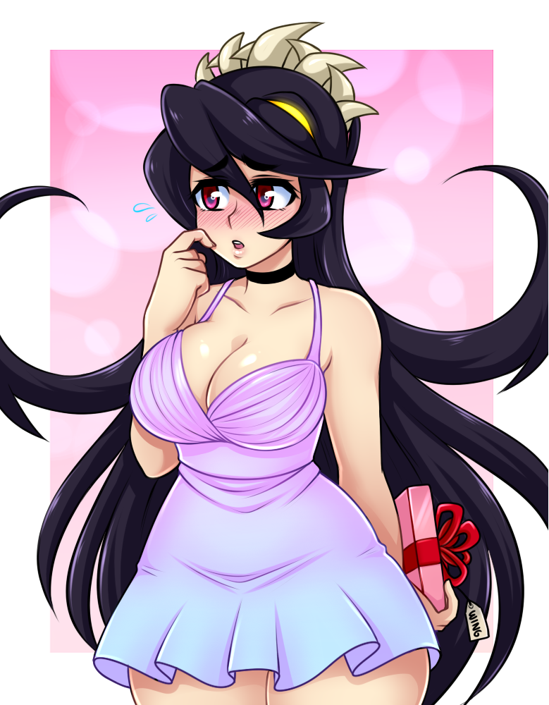 1girl bare_shoulders black_hair blush box breasts choker cleavage collarbone commentary commission cowboy_shot dress embarrassed english_commentary filia_(skullgirls) finger_to_cheek gift gift_box gradient_clothes gradient_dress large_breasts long_hair open_mouth pink_background plump red_eyes ribbon samson_(skullgirls) sharp_teeth skullgirls solo spewing_mews teeth thick_thighs thighs very_long_hair yellow_eyes