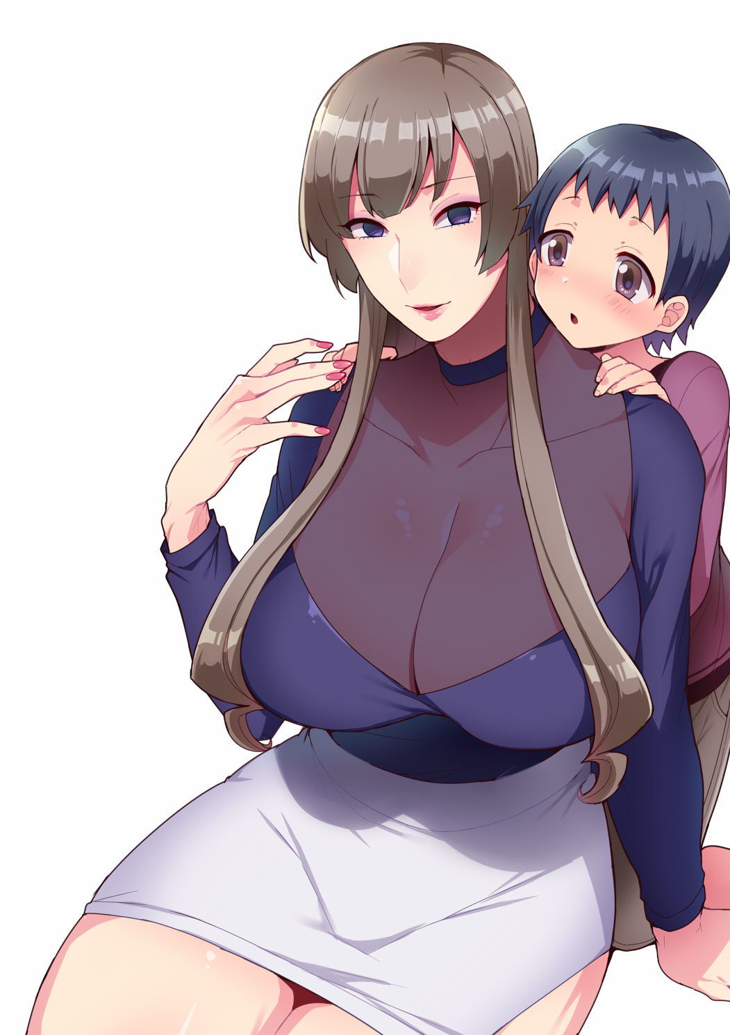 1boy 1girl :o bangs blue_eyes blue_hair blue_shirt blush breasts brown_hair cleavage collarbone eyebrows_visible_through_hair hands_on_another's_shoulders highres huge_breasts long_hair long_sleeves looking_at_another miniskirt mogiki_hayami nail_polish original parted_lips pencil_skirt pink_lips pink_nails purple_shirt see-through shirt side_slit simple_background sitting skirt smile violet_eyes white_background white_skirt