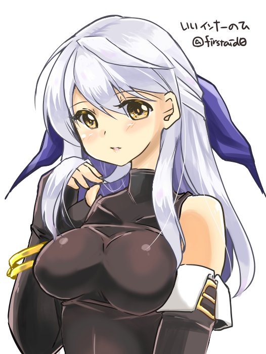 1girl bangle bare_shoulders black_gloves bracelet breasts commentary_request elbow_gloves fingerless_gloves fire_emblem fire_emblem:_akatsuki_no_megami gloves hair_ribbon half_updo holding holding_hair jewelry micaiah nintendo portrait ribbon signature silver_hair simple_background solo tight turtleneck twitter_username upper_body white_background yellow_eyes yukia_(firstaid0)