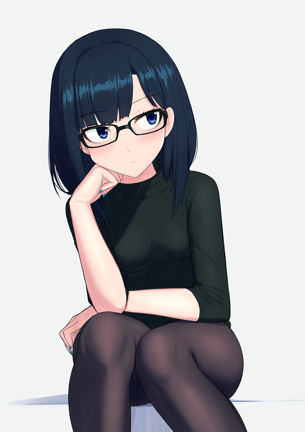 1girl black_legwear blue_bow blue_eyes blue_hair blue_nails blush bow breasts closed_mouth expressionless eyebrows_visible_through_hair glasses hair_bow hand_on_own_chin highres iwahana long_sleeves looking_away medium_breasts nail_polish pantyhose short_hair sitting solo sweater tokino_sora_channel yuujin_a_(tokino_sora_channel)