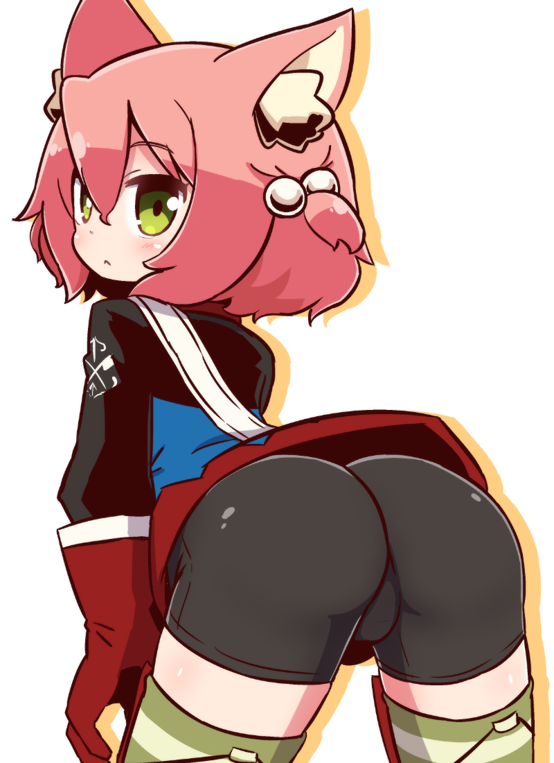 1girl 7th_dragon 7th_dragon_(series) animal_ear_fluff animal_ears arched_back ass bangs bike_shorts black_shorts blue_jacket blush cat_ears eyebrows_visible_through_hair gloves green_eyes green_legwear hair_between_eyes hair_bobbles hair_ornament harukara_(7th_dragon) jacket leaning_forward long_sleeves looking_at_viewer looking_back naga_u one_side_up pink_hair red_gloves shadow short_shorts shorts solo striped striped_legwear thigh-highs white_background