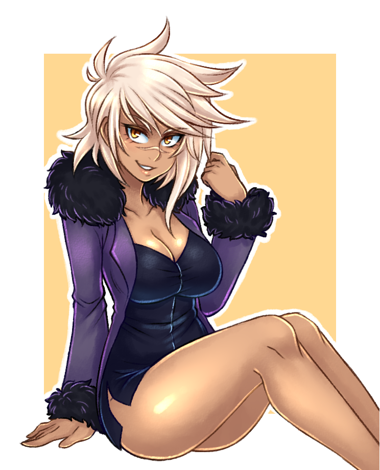 1girl ahoge arm_support black_shirt blazblue breasts bullet_(blazblue) cleavage collarbone commentary cosplay cropped_legs crossover dark_skin english_commentary facial_scar fate/grand_order fate_(series) fur-trimmed_jacket fur-trimmed_sleeves fur_trim jacket jeanne_d'arc_(alter)_(fate) jeanne_d'arc_(alter)_(fate)_(cosplay) jeanne_d'arc_(fate)_(all) large_breasts long_sleeves nose_scar purple_jacket scar shirt sitting smile solo spewing_mews teeth thighs wavy_hair white_hair yellow_background yellow_eyes