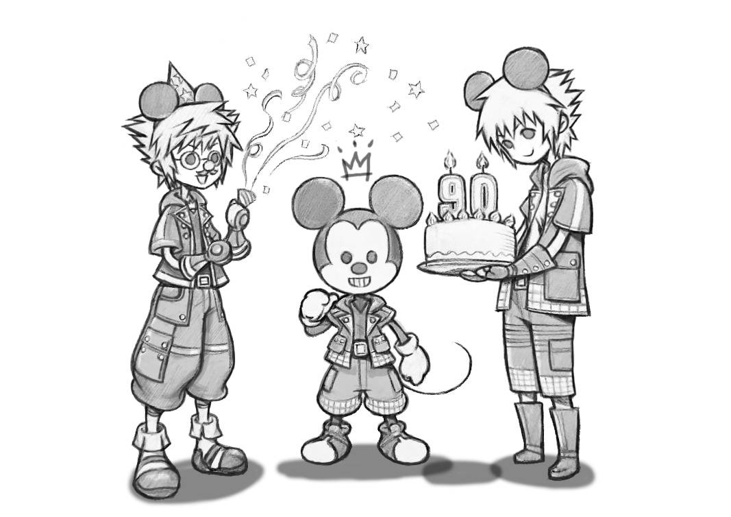 3boys animal_ears boots cake confetti crown food funny_glasses glasses greyscale happy_birthday hat hood hoodie kingdom_hearts kingdom_hearts_iii mickey_mouse mickey_mouse_ears mini_hat monochrome mouse_ears mouse_tail multiple_boys nomura_tetsuya open_mouth party_popper riku smile sora_(kingdom_hearts) spiky_hair standing tail wizard_hat