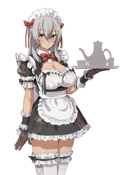 1girl apron black_dress black_gloves blush bow breasts cleavage cleavage_cutout cowboy_shot dark_skin dress eyebrows_visible_through_hair frilled_legwear gloves green_eyes grey_hair hair_between_eyes hair_bow holding holding_tray large_breasts long_hair looking_at_viewer maid maid_headdress mdf_an original panties print_dress print_gloves red_bow ribbon-trimmed_clothes ribbon_trim see-through short_dress simple_background solo thigh-highs tray underwear waist_apron white_background white_legwear white_panties zettai_ryouiki