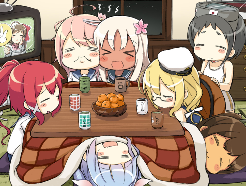 &gt;_&lt; 6+girls :d =_= ahoge black_hair blonde_hair blue_hair blue_sailor_collar brown_hair closed_eyes commentary_request diving_mask diving_mask_on_head engiyoshi flower food fruit glasses green_tea hair_flower hair_ornament i-168_(kantai_collection) i-19_(kantai_collection) i-401_(kantai_collection) i-58_(kantai_collection) i-8_(kantai_collection) kantai_collection kotatsu long_hair mamiya_(kantai_collection) mandarin_orange maru-yu_(kantai_collection) multiple_girls one-piece_swimsuit open_mouth pink_flower pink_hair ponytail redhead ro-500_(kantai_collection) sailor_collar sailor_shirt school_swimsuit shirt short_hair smile swimsuit table tatami tea television white_shirt white_swimsuit xd