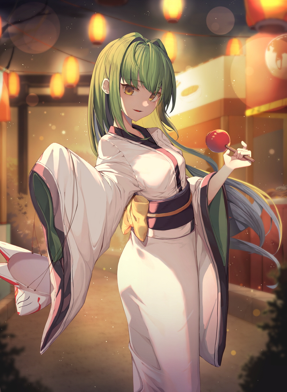 1girl bangs blurry blurry_background blush bow brown_eyes candy_apple depth_of_field eyebrows_visible_through_hair food fox_mask green_hair hair_intakes head_tilt highres holding holding_food holding_mask japanese_clothes kimono lantern long_hair long_sleeves looking_at_viewer mask mask_removed obi original paper_lantern parted_lips sash sleeves_past_fingers sleeves_past_wrists solo stall standing sugar_(dndi888) summer_festival torii very_long_hair white_kimono wide_sleeves yellow_bow yukata