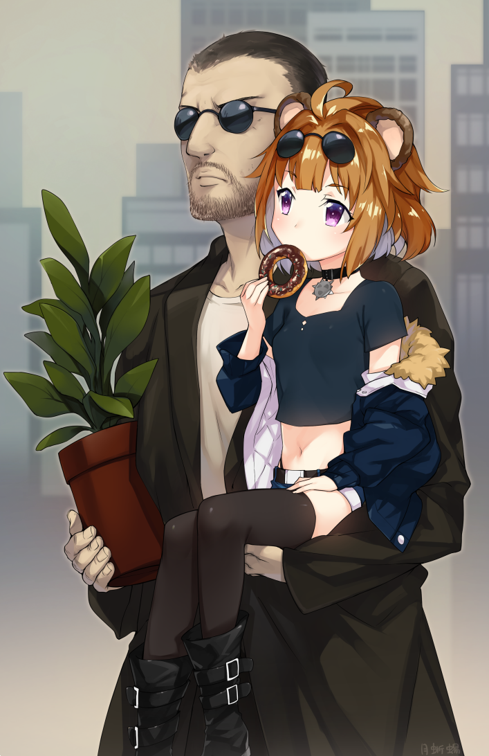 1boy 1girl animal_ears bear_ears brown_hair choker commentary commentary_request doughnut eating eyewear_on_head facial_hair food fur_trim girls_frontline glasses grizzly_mkv_(girls_frontline) jacket leon_(leon_the_professional) leon_the_professional plant potted_plant short_hair stubble thigh-highs trench_coat tsuki_tokage violet_eyes younger