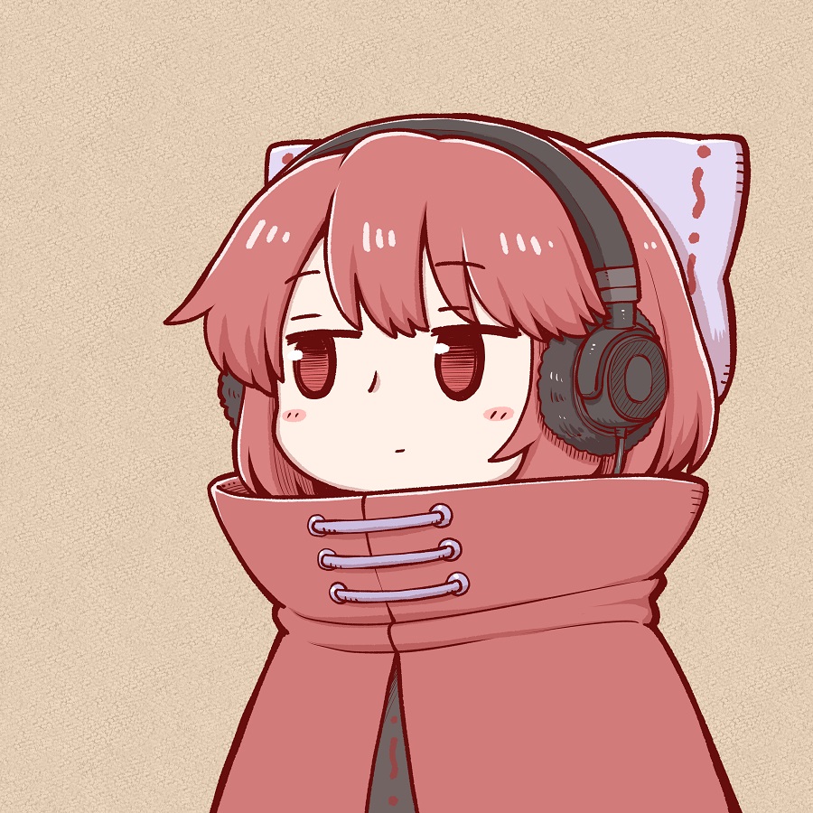 1girl bangs black_shirt blue_bow blush_stickers bow brown_background cape chibi commentary_request eyebrows_visible_through_hair hair_bow headphones high_collar jitome poronegi red_cape red_eyes redhead sekibanki shirt short_hair simple_background solo touhou upper_body