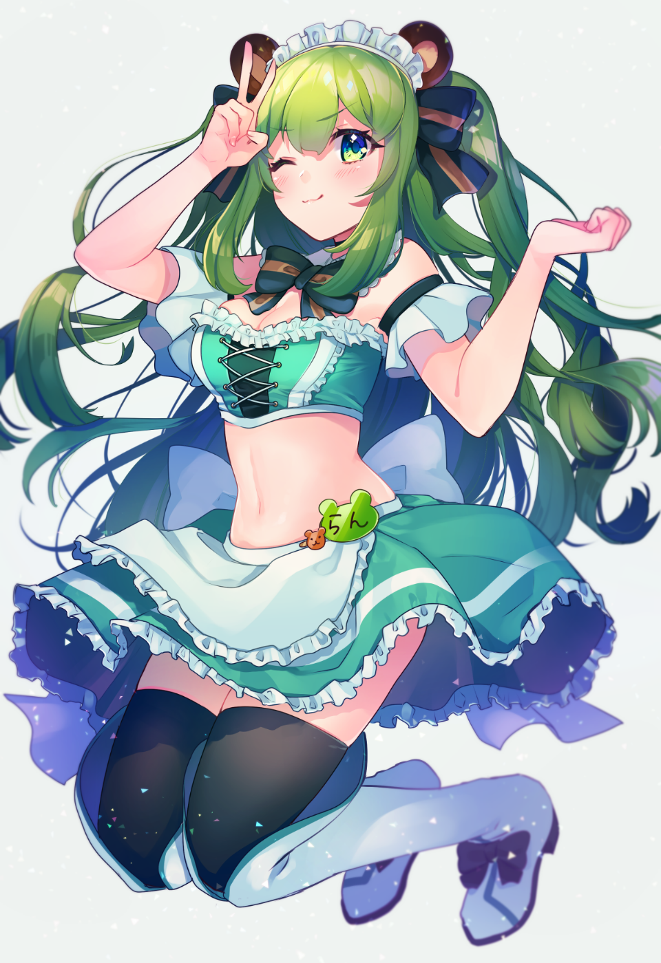 1girl animal_ears animare arm_up bbbannooo bear_ears black_legwear blush boots bow breasts cleavage closed_mouth eyebrows_visible_through_hair fake_animal_ears green_eyes green_hair hair_bow high_heel_boots high_heels highres hinokuma_ran large_breasts looking_at_viewer maid maid_headdress navel one_eye_closed smile solo thigh-highs thigh_boots twintails v white_footwear