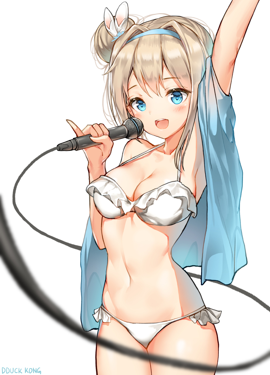 1girl :d arm_up bangs bare_shoulders bikini blue_eyes blue_hairband blue_jacket blurry blurry_foreground blush breasts cleavage collarbone commentary depth_of_field eyebrows_visible_through_hair girls_frontline hair_between_eyes hair_bun hairband highres holding holding_microphone jacket lee_seok_ho light_brown_hair medium_breasts microphone open_clothes open_jacket open_mouth outstretched_arm round_teeth sidelocks smile solo suomi_kp31_(girls_frontline) swimsuit teeth upper_teeth white_background white_bikini