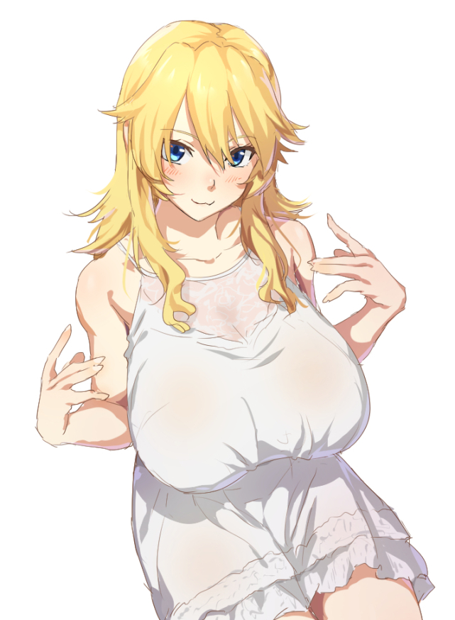 1girl :3 bare_shoulders blonde_hair blue_eyes blush breasts dress hair_between_eyes large_breasts layered_dress long_hair looking_at_viewer mdf_an original short_dress simple_background sitting solo white_background white_dress