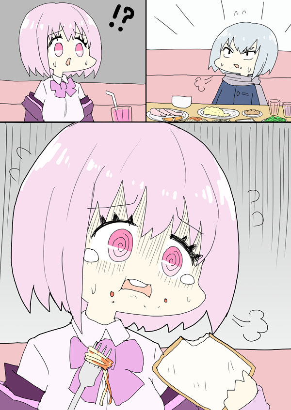 anti_(ssss.gridman) ashitaba_tomorou bow bread chibi collared_shirt comic eating food fork jacket lavender_hair off_shoulder pasta purple_bow purple_jacket purple_neckwear shinjou_akane shirt spaghetti ssss.gridman sweatdrop violet_eyes white_shirt