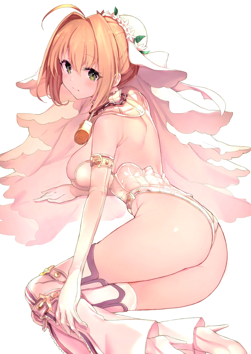 1girl ahoge ass bangs blonde_hair breasts bridal_gauntlets bridal_veil chains eyebrows_visible_through_hair fate/extra fate/extra_ccc fate_(series) flower gloves green_eyes hair_between_eyes hair_flower hair_intakes hair_ornament haishiki high_heels highres leotard lock looking_at_viewer lying medium_breasts nero_claudius_(bride)_(fate) nero_claudius_(fate)_(all) on_side padlock shoes simple_background solo tears thong thong_leotard veil white_background white_flower white_footwear white_gloves white_legwear white_leotard