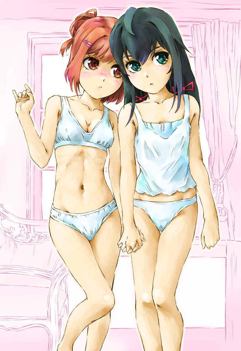 2girls \n/ black_hair blush bra breasts cleavage clenched_hand closed_mouth collarbone commentary curtains eyebrows_visible_through_hair green_eyes hair_bun hair_ornament hair_ribbon hairclip hand_holding highres indoors interlocked_fingers leg_up legs light_frown long_hair looking_at_another looking_at_viewer marutaya midriff multiple_girls navel panties pink_hair red_eyes red_ribbon ribbon ribs shirt short_hair side-by-side skindentation small_breasts standing standing_on_one_leg tank_top thigh_gap underwear underwear_only white_bra white_panties white_shirt window yahari_ore_no_seishun_lovecome_wa_machigatteiru. younger yuigahama_yui yukinoshita_yukino yuri