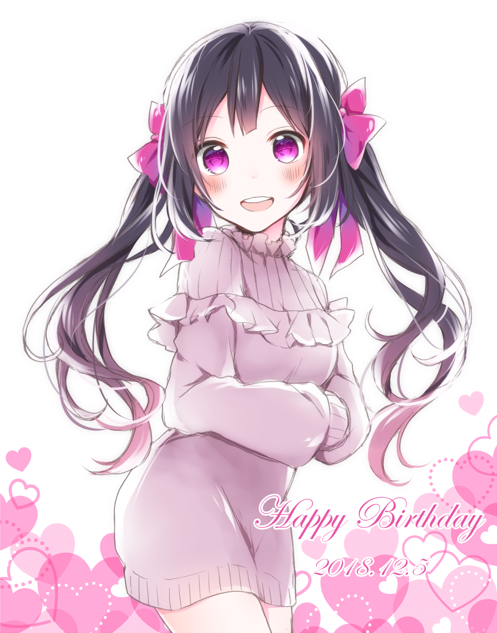 1girl :d bangs black_hair blush commentary_request contrapposto cowboy_shot crossed_arms dated dress eyebrows_visible_through_hair frills hair_ribbon happy_birthday head_tilt heart highres long_hair looking_at_viewer nanase_eka open_mouth original pink_ribbon pink_sweater ribbon sidelocks smile solo standing sweater sweater_dress twintails upper_teeth violet_eyes white_background