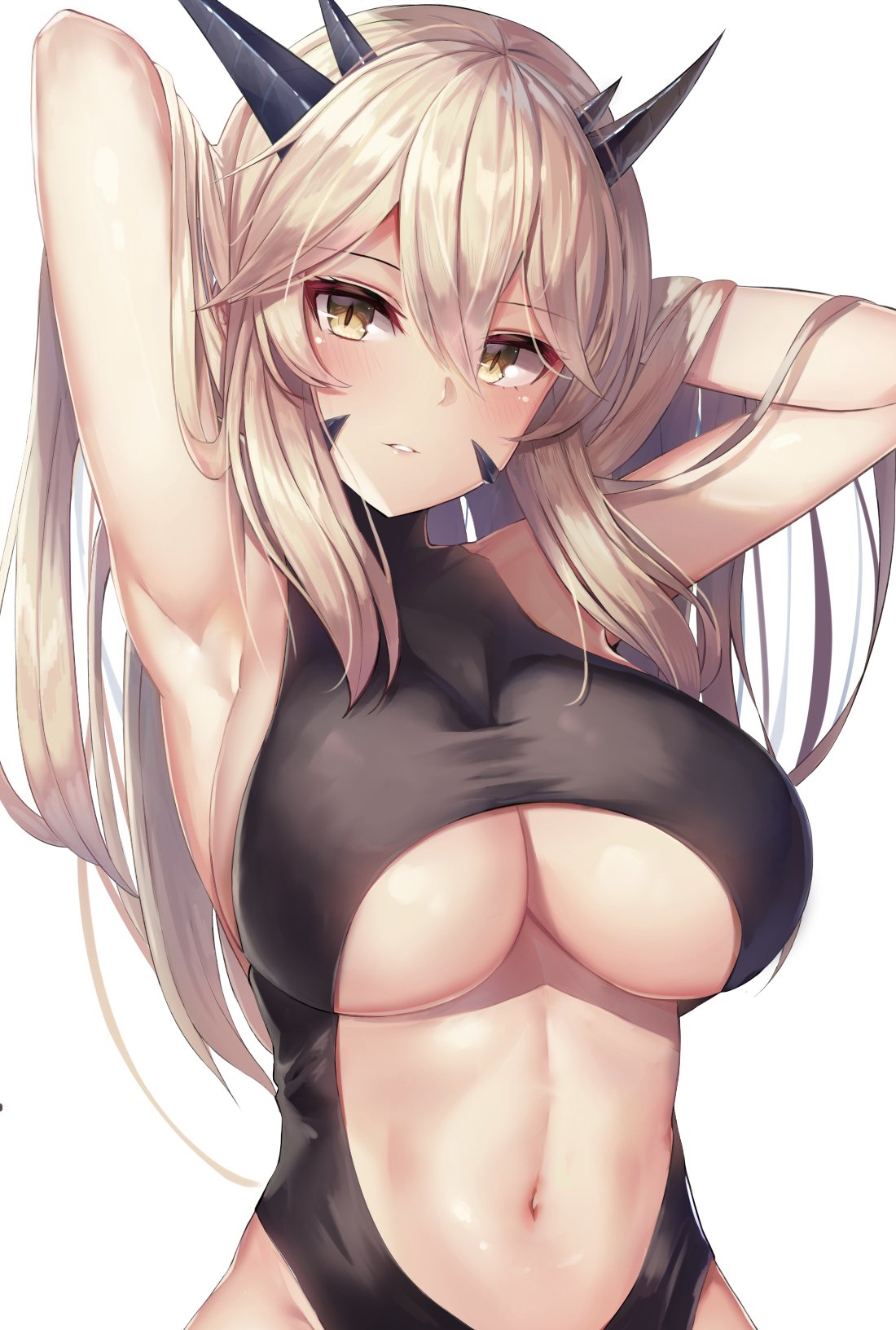 1girl armpits arms_behind_head arms_up artoria_pendragon_(all) artoria_pendragon_(lancer_alter) bangs bare_shoulders black_leotard blush braid breasts center_opening fate/grand_order fate_(series) french_braid hair_between_eyes hands_in_hair highres horns large_breasts leotard long_hair looking_at_viewer motokonut navel open_mouth parted_lips sidelocks simple_background slit_pupils solo under_boob white_background yellow_eyes