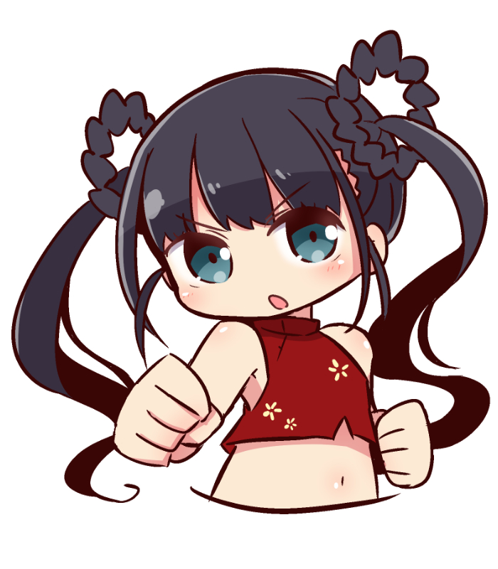 1girl bangs bare_arms bare_shoulders black_hair blue_eyes blush clenched_hands copyright_request crop_top cropped_torso eyebrows_visible_through_hair hair_rings head_tilt long_hair naga_u navel parted_lips red_shirt shirt simple_background sleeveless sleeveless_shirt solo twintails v-shaped_eyebrows very_long_hair white_background